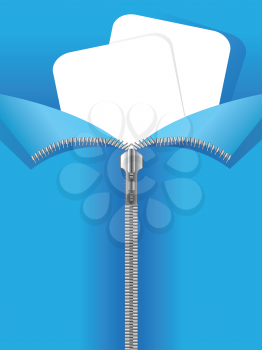 Shiny metallic zipper on blue background with two pieces of paper.