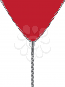 Shiny metallic zipper with white and red background.