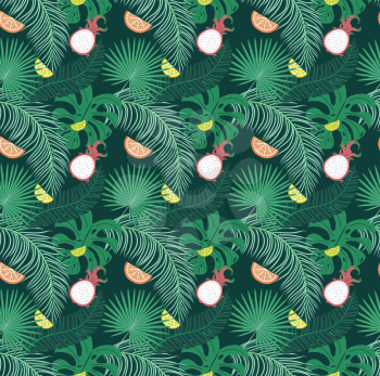 Various tropical leaves and fruits, summer themed pattern design.