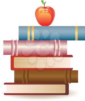 Stack of books and red apple on white background.