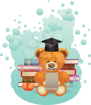 Cute teddy bear illustration with books, back to school background.