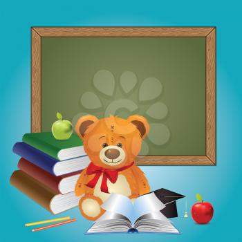 Cute teddy bear illustration with books, back to school background.