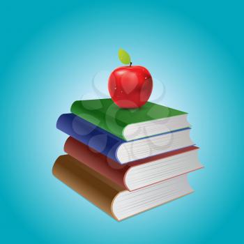 Red apple on top of book stack on blue background.