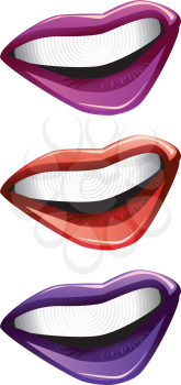 Set of cartoon glossy lips of different color on white background.