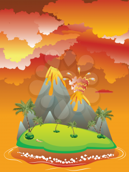 Illustration of cartoon volcano eruption with hot lava.
