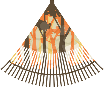 Autumn forest landscape inside of a fan rake design illustration.