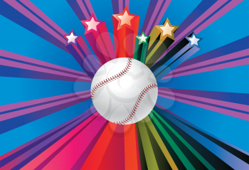 Colorful background with rays and baseball ball over it.