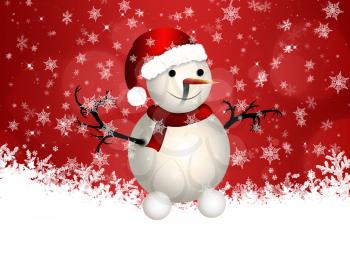 Illustration of red winter background with cute snowman with snowflakes.