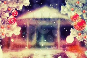 Decorative white alcove in winter night, starry fantasy illustration.