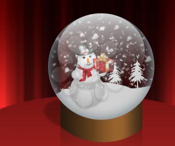 Happy snowman holding gift box in Snow Globe.
