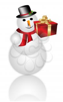 Happy snowman holding gift box isolated on white