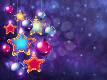 Purple Christmas background with colorful stars and balls ornament.