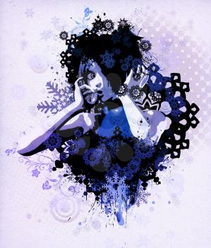 Illustration of a winter girl with snowflakes on colorful background.