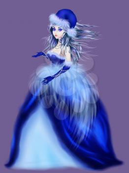 Beautiful fantasy woman in blue dress with fur on violet background.