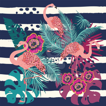 Vintage style animalistic design with pink flamingo over striped background.