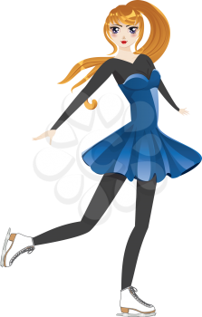 Female figure skater with long yellow hair tied in ponytail in blue dress on white background.