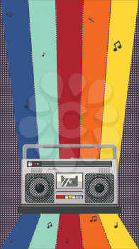Funky 80s music poster with portable radio cassette player, boombox design.