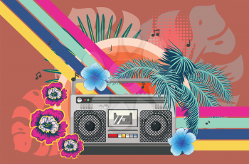 Retro 80s music poster with boombox and tropical leaves design.