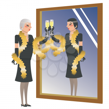 Cartoon old woman clink glass of champagne into the mirror and sees herself as young in reflection.