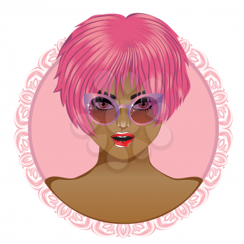 Woman with short hair style in sunglasses, pink dye, avatar design.