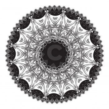 Decorative round flourish frame, black and white vintage ornament design.