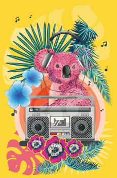 Retro music poster with pink koala bear, boombox and tropical leaves design.