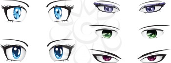 Manga style eyes of different colors set on white background.
