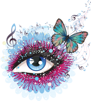 Decorative eye with long eyelashes, flowers, musical notes and butterflies.
