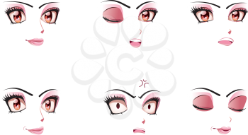 Different cartoon female facial expression, manga style.