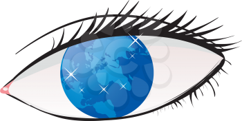 Illustration of human eye with world as iris on white background.