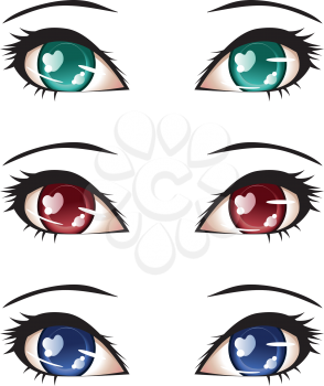Set of stylized anime eyes of different colors.