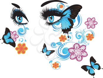 Female eyes with summer floral makeup, long eyelashes and butterflies.
