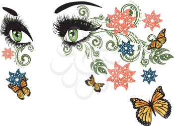Female eyes with summer floral makeup, long eyelashes and butterflies.