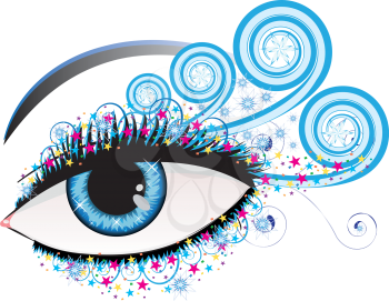 Illustration of woman eye of blue color with stars and swirls.