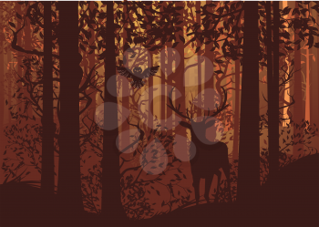 Deciduous autumn forest landscape with silhouettes of trees, deer and grass.