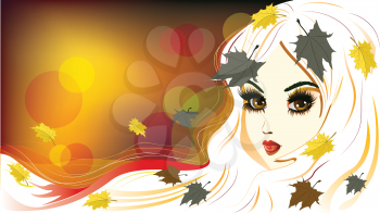 Abstract autumn girl with white hair and maple leaves.