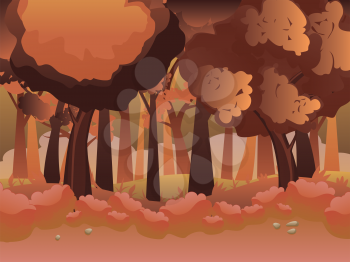 Stylized cartoon autumn forest landscape with shrubs, trees.