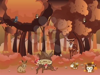 Stylized cartoon autumn forest landscape with shrubs, trees and animals.