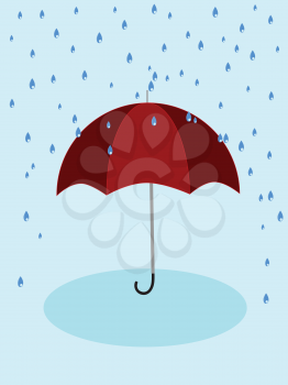 Cartoon red umbrella under rain on blue background.