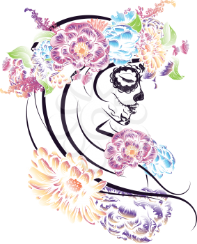 Day of the Dead illustration with sugar skull girl in decorative flower wreath.