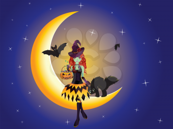 Cute halloween witch with black cat on the crescent moon.