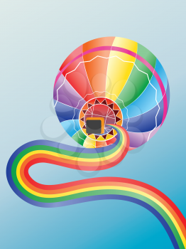 Bottom view of hot air balloon with rainbow in the sky.