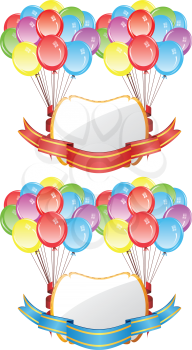 Bunch of colorful balloons and banner with ribbon.