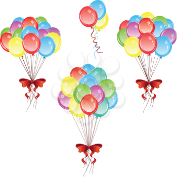 Bunch of colorful balloons with red holiday bow.