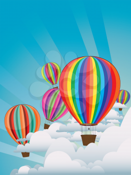 Illustration of colorful hot air balloons on sky background.