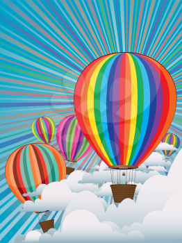 Illustration of colorful hot air balloons on sky background.