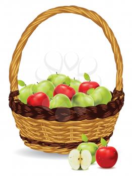 Fresh green and red apples in a basket on white background.