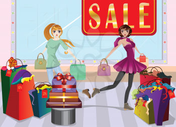 Cartoon fashion girls in casual outfit with shopping bags at shopping.