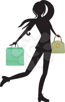 Silhouette of fashion girl in casual outfit with shopping bags.