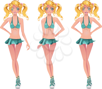 Cartoon blond girl with blue eyes in swimsuit of turquoise color.